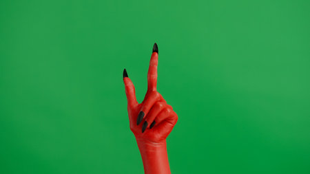 Creepy halloween devil monster hand in red paint with black nails pointing finger up, isolated on chroma key green screen background, workspace mockup.の写真素材