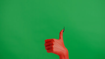 Creepy halloween devil monster hand in red paint with black nails shows thumb up sign, isolated on chroma key green screen background, workspace mockup.の写真素材