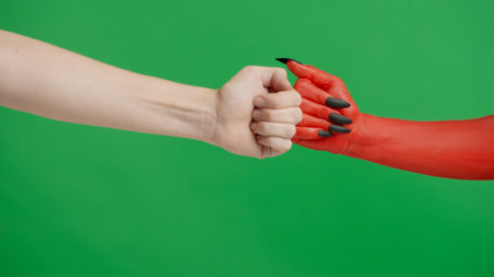 Creepy halloween monster hand in red paint with black nails fist bumps with female, isolated on chroma key green screen background, workspace mockup.の写真素材