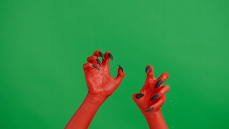 Creepy halloween devil monster hand in red paint with black nails crawling with both hands, isolated on chroma key green screen background, workspace mockup.の写真素材