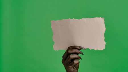 Creepy halloween monster hand in black paint with nails holds empty paper sign, isolated on chroma key green screen background, workspace mockup.の写真素材