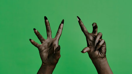 Creepy halloween devil monster hand in black paint with nails crawling with both hands, isolated on chroma key green screen background, workspace mockup.の写真素材