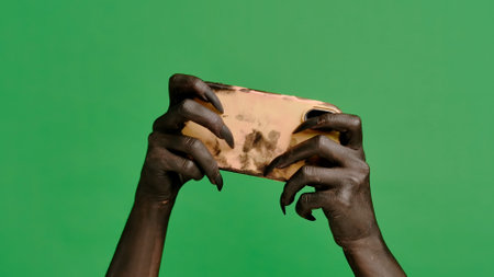 Creepy halloween monster hand black paint with black nails plays video game on smartphone, isolated on chroma key green screen background, workspace mockup.の写真素材