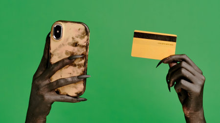 Creepy halloween monster hand in black paint with black nails taps card number in smartphone app, isolated on chroma key green screen, workspace mockup.の写真素材