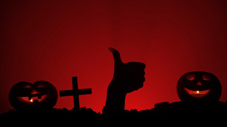 Scary dirty halloween zombie hand silhouette raising from grave points finger up shows thumb up, isolated on red background. Mystery halloween concept.の写真素材