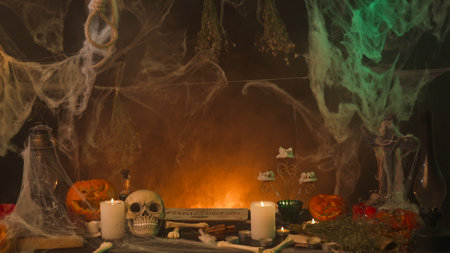 Dark spooky kitchen in spider webs, with sinister pumpkins the table, frightening human skull and bones, as well Ouija board.の写真素材