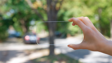 Female hand holding innovative futuristic gadget horizontally with transparent glass screen in hand, advertising empty place to insert infographic and animation.の写真素材