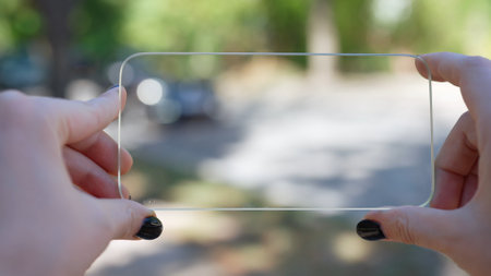 Female hands hold innovative futuristic gadget horizontally with transparent glass screen in hand, advertising empty place to insert infographic and animation.の写真素材