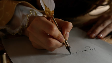 Antique young woman in renaissance dress sitting at table and writing letter with vintage quill pen...