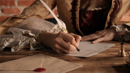 Antique young woman in renaissance dress sitting at table and writing letter with vintage quill pen...