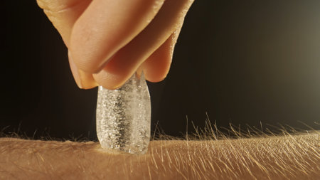 Macro shot of skin and hair texture. An ice cube is passed over the skin, leaving behind a wet trail.の写真素材