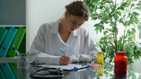 Woman doctor in white coat sitting at desk writing application, filling patient medical form, singing documents on clipboard. Medical treatment concept.の写真素材