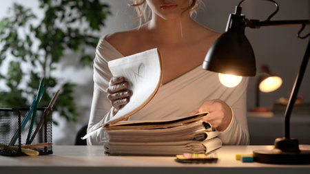 Workaholic woman sitting at office desk searching through paper sheets in binder folder full of...