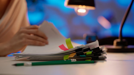 Workaholic woman at office desk looks through overload stack of paper documents with colorful tape...