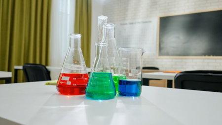 Empty school chemistry classroom with desks, chairs and chalkboard, workspace for teaching and studying. Glass bottles with colorful liquids close up.の写真素材