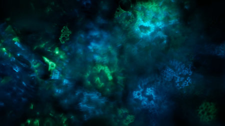 Blurred blue green lens flare motion studio lightning, kaleidoscope glass texture with bokeh effect...