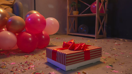 Teenagers birthday party, close up shot of party room with happy birthday letter on the wall, confetti and balloons scattered on the floor, snacks table and sofa.の写真素材