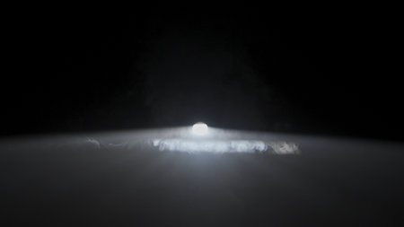 Bright horizontal white spotlights rays of professional lighting equipment shine in darkness on...