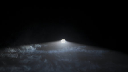 Bright horizontal white spotlights rays of professional lighting equipment shine in darkness on black background with smoke streaming through, close shot.の写真素材