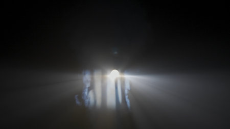Bright liner white spotlights rays of professional lighting equipment shining in darkness on black...