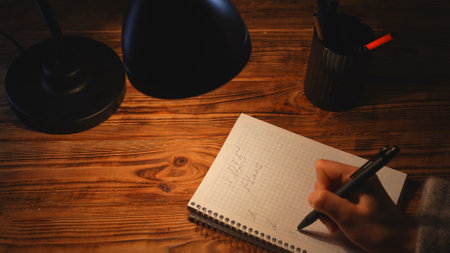 Close up shot of wooden table with notebook and lamp, woman hand writing with pen in spiral notebook plans for new year 2025, making list with numbers.の写真素材