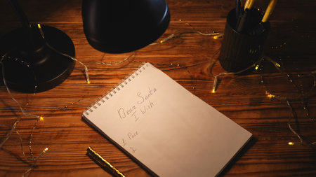 Close up shot of wooden table decorated with garland notebook laying open with dear santa text written on page, top view.の写真素材