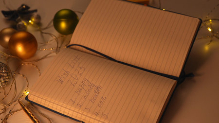 Close up shot of christmas decorated office table, open notebook with empty blank page laying on the...
