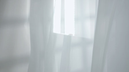 Transparent white silk soft fabrics floating with light shining through, shades shadows of window silhouette reflected on the textile.の写真素材