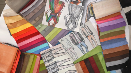 Top view of work desk for creative fashion designers team members meeting in boardroom, fabrics types, colorful cloth and sketches graphics scattered on the table.の写真素材