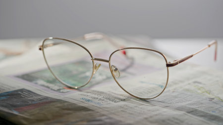 A close up of the glasses on the newspaper.の写真素材