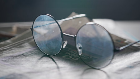 A close up of the glasses on the newspaper.の写真素材