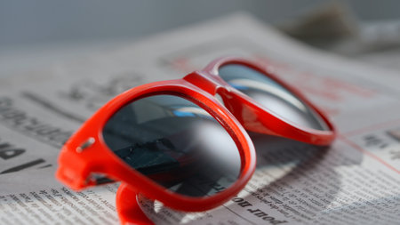 A close up of the glasses on the newspaper.の写真素材