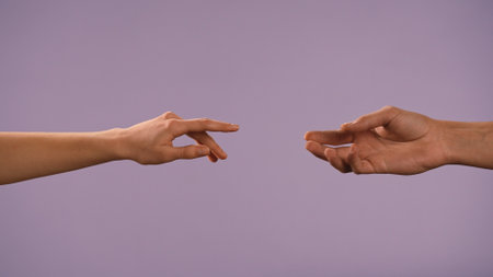 Man and woman hands reaching out to each other, isolated on purple studio background, close up shot. Valentines day advertising concept.の写真素材