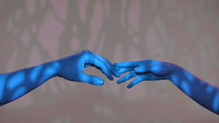 Man and woman hands showing gestures, touching and holding, isolated on studio background with blue light pattern effect, close up shot. Valentines day advertising concept.の写真素材