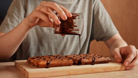 Woman sitting at the table at home in the kitchen and preparing dough for waffles breakfast, pours...
