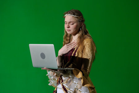 Woman in ancient outfit on chroma key green screen background. Female in renaissance dress with sad...