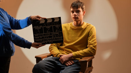 Studio for photo video production filming with lighting equipment and cyclorama, close up of...