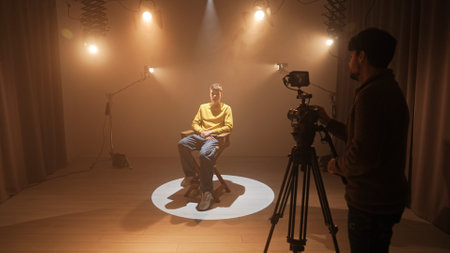 Studio for photo video production filming with lighting equipment and cyclorama, model actor sits in...