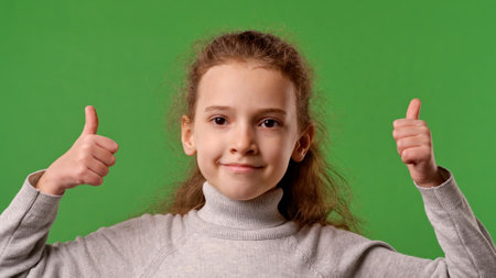 Little girl child looks at camera and shows thumb up hand sign, positive expression, isolated on...