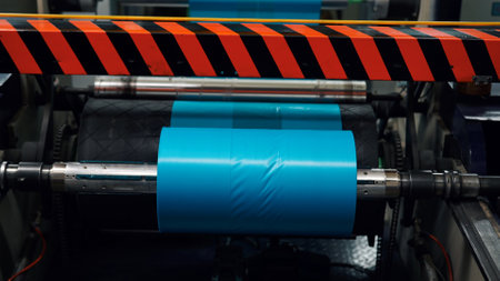 Bio packaging manufacturing plant production machine, roller with blue plastic bag tape, automatic...