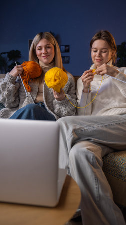 Two female friends spending evening at home with hobby crafting, sit on sofa and knitting using yarn and needles, watching video tutorial on laptop.の写真素材
