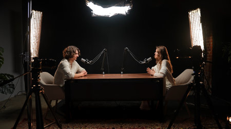 Engaging Conversation in a Professional Podcast Studio With Dynamic Storytellingの写真素材