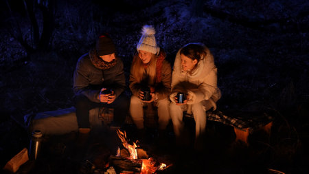 Friends sitting around a campfire in the woods on a winter evening