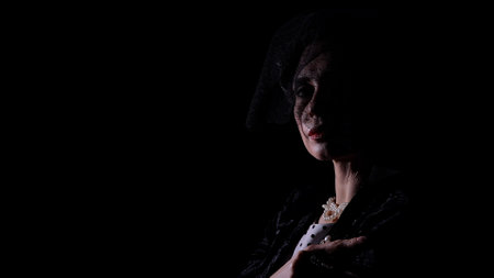 Woman actress silhouette in retro outfit with pin-up hairstyle and makeup posing at camera isolated on black background, looking at camera wearing veil.の写真素材