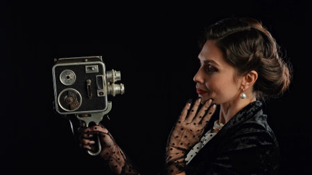 Woman actress in retro outfit with pin-up hairstyle and makeup posing at camera isolated on black...