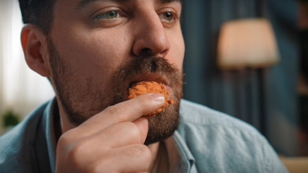 Close up shot of bearded man face, man holding and chewing fried chicken, enjoying eating fast food.の写真素材