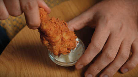 Man holding and dipping fried chicken in sauce.の写真素材