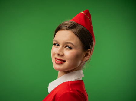 Portrait of a Smiling Woman Stewardess in Red Uniform with Green Backgroundの写真素材
