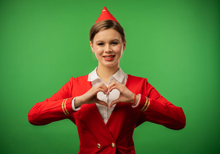 Smiling Air Hostess in Red Uniform Showing Heart Gestureの写真素材