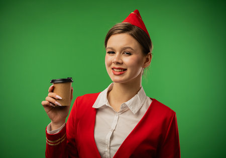 Smiling Woman Stewardess in Red Uniform Holding a Coffee Cupの写真素材